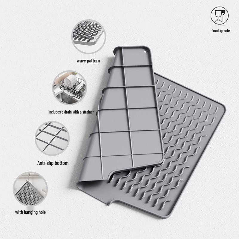 Covoraș de scurgere tacâmuri din silicon antiderapant: Scurgere înclinată pentru uscat farfurii și boluri, rezistentă la căldură.
