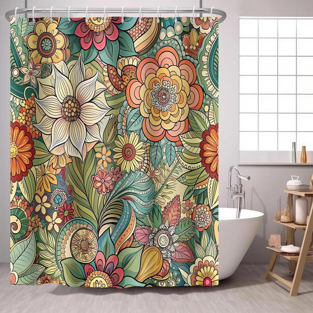 Boho Flower Shower Curtain Mandala Floral Vintage Flower,Pink Blue Bright Petal Leaves Farmhouse Fabric Shower Curtains Bathroom