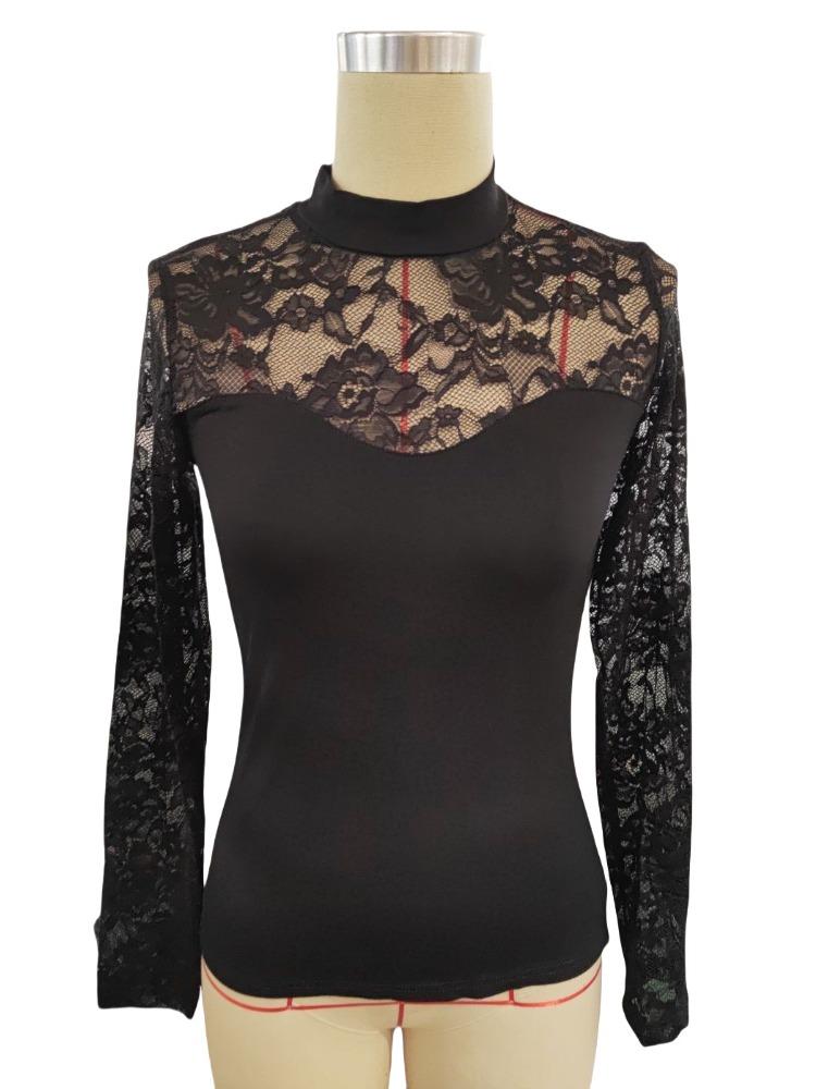 Spring Fashion Lace Splicing Long Sleeve Small Standing Collar Pullover Bottomed T-shirt Tops for Women Versatile Closet Essential Fashion Items Shirt
