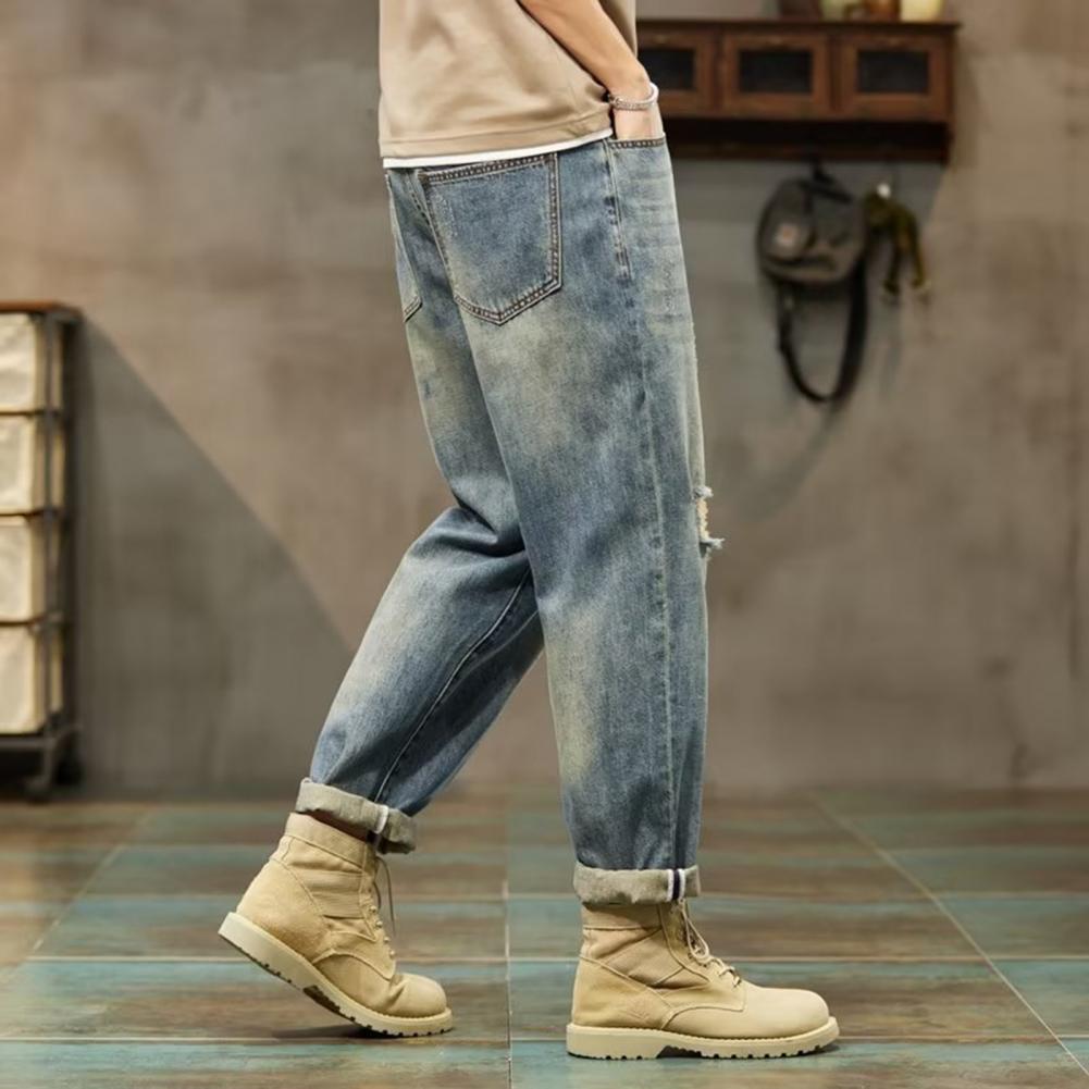 Men Jeans Gradient Color Loose Fit Denim Pants with Multi Pockets Button Zipper Fly Harem Pants Streetwear