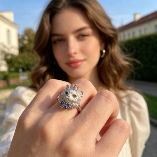 Rhinestone Crown Cat Ring Men Women Bow Kitten Alloy Open Ring