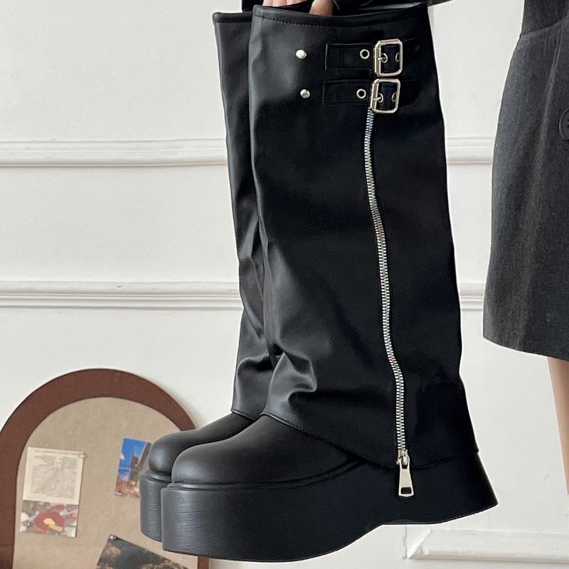 Winter Punk Style Women Knee High Boots Fashion Belt Buckle Long Boots Female Elegant Platform Heel Women'S Knight Botties