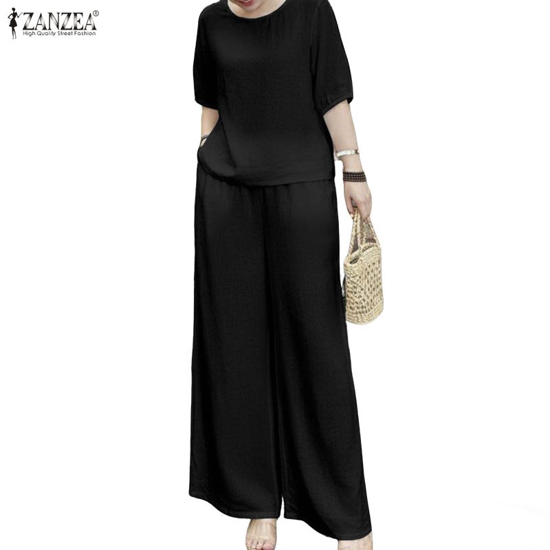 ZANZEA Kadın Kısa Kollu Bluz ve Pantolon Günlük İki Parça Takım Setleri