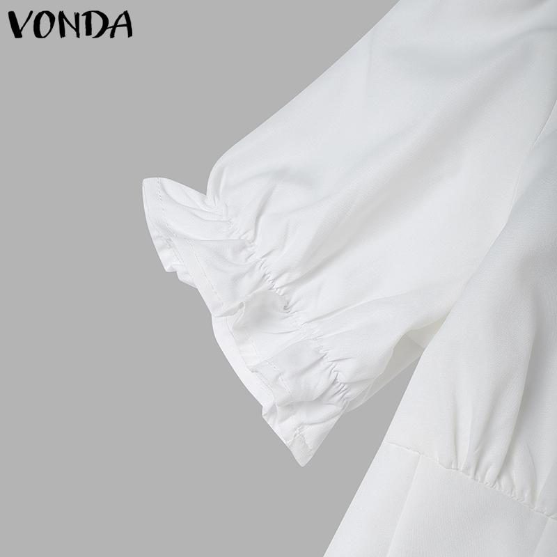 VONDA Women Turn-down Collar Short Sleeve Slim Waist Casual Short Blouse