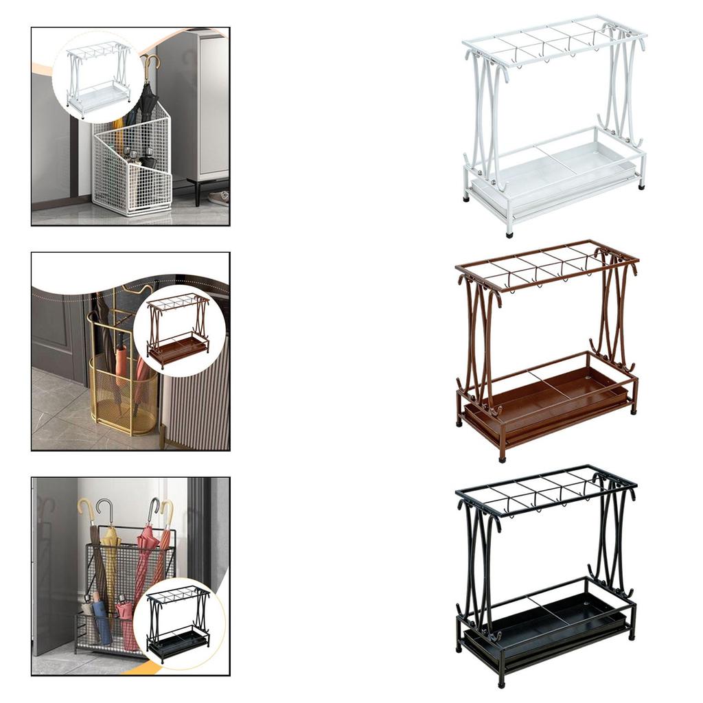 Compact Umbrella Stand with Drip Tray, Multifunctional And Metal Storage for Hotel Entrance.