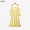 ZANZEA Women Elegant Square Collar Long Sleeve Lace Splice Hem Casual Long Dress