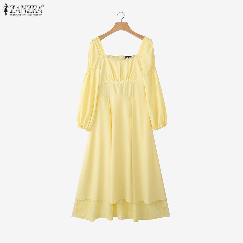 ZANZEA Women Elegant Square Collar Long Sleeve Lace Splice Hem Casual Long Dress