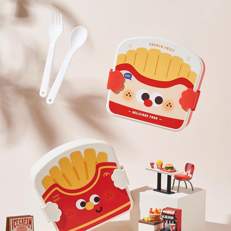 Leak-Proof Cartoon Bento Box with Creative French Fries, Fried Chicken, and Rice – Microwaveable Lunch Box for Students and Office Workers