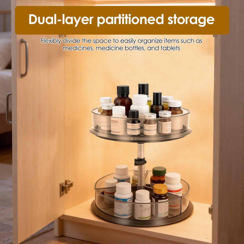 2 Tier 360° Rotating Storage Rack Adjustable Height Pill Bottle Organizer Transparent Seasoning Bottle Storage Rack for Kitchen
