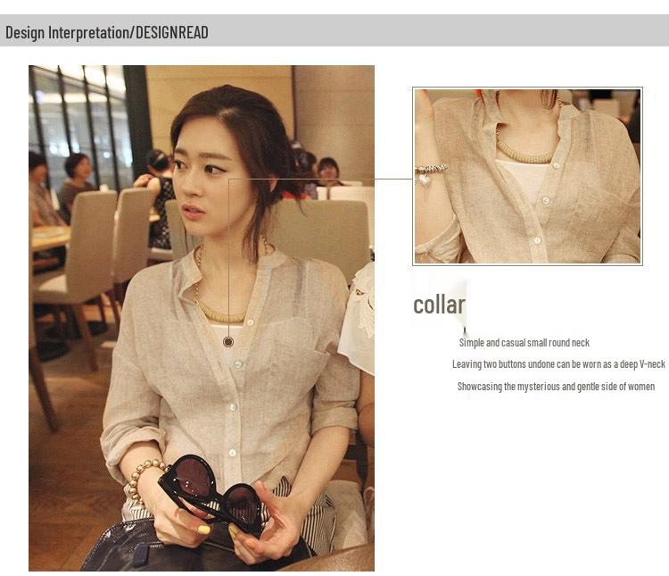 Women's Summer Seven Sleeve Loose Cotton Linen Stand Collar Blouse