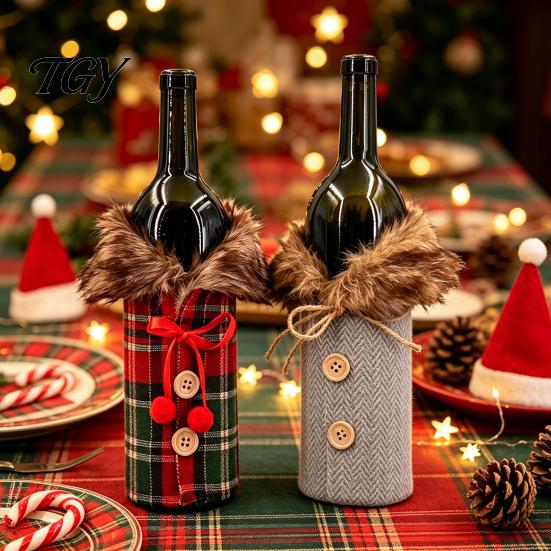 Herringbone Tweed Wine Sleeves Christmas Sweater Bottle Cover, Faux Fur Collar And Button Festive Cover for Home Coat Design Plaid Clothes Party
