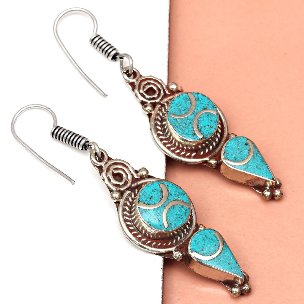 Cercei Tibetan Turcoaz Coral Roșu Nepali Tribal 12gms 1.5" 1.6" Chunky Gift