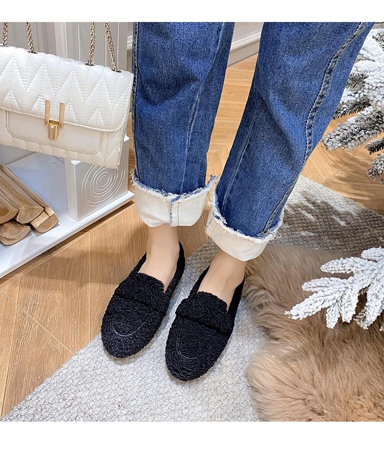 Women's Thick-Soled Furry Loafers, Autumn & Winter Lamb's Wool Bean Shoes, Plus Velvet Cotton, Sizes 41-43 Available