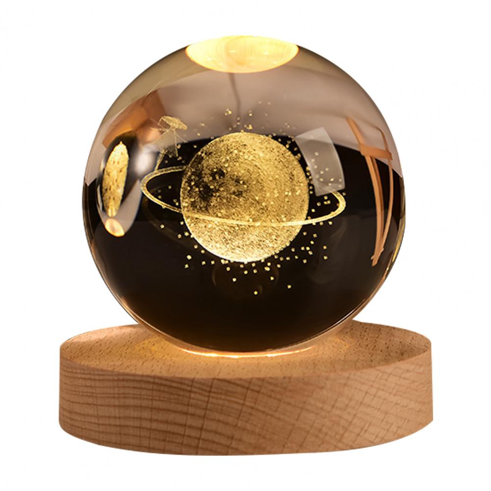 Night Light Room Decor Faux Ball Decoration 3d Engraved Solar System Ball Night Light with Wooden Base Led Lamp for Space