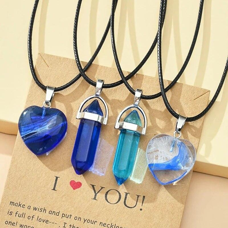 

4 PCS Geometric Glass Stone Pendant Necklaces Set Pink Blue Opal Stone Options Charm Black Cord Women Fashion Jewelry Set