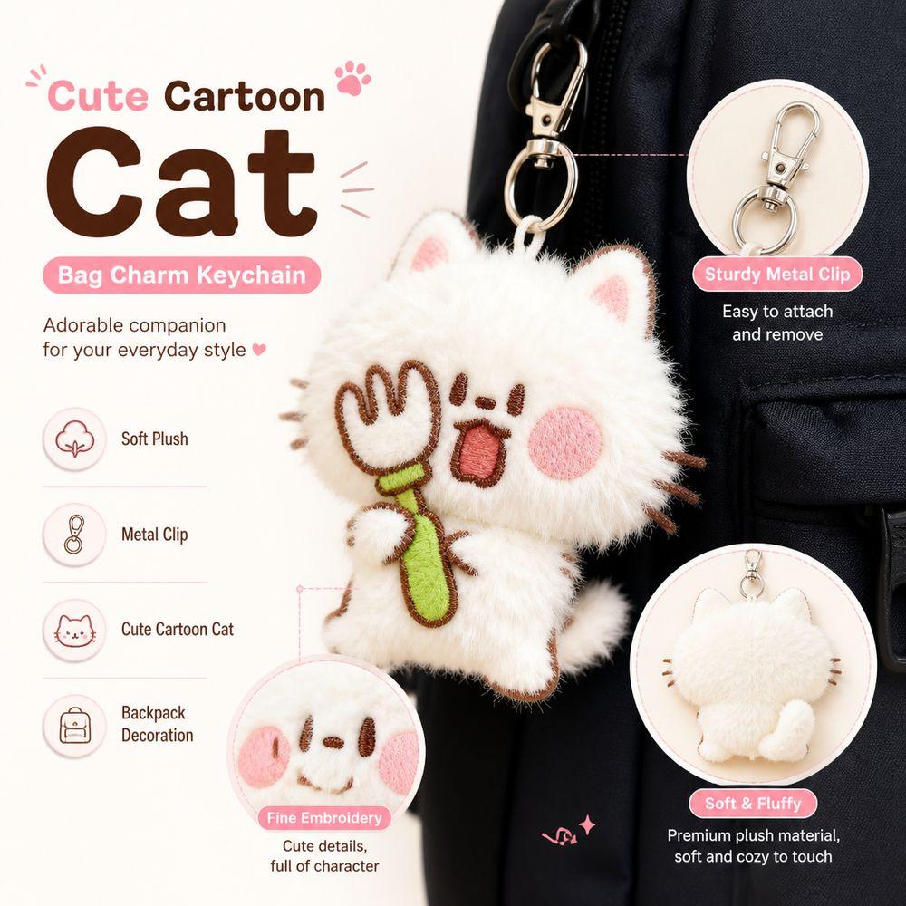 Metal Clip Plush Cat Keychain Soft Touch Kitty Keyring Cute Stuffed Cat Pendant  Key Decoration