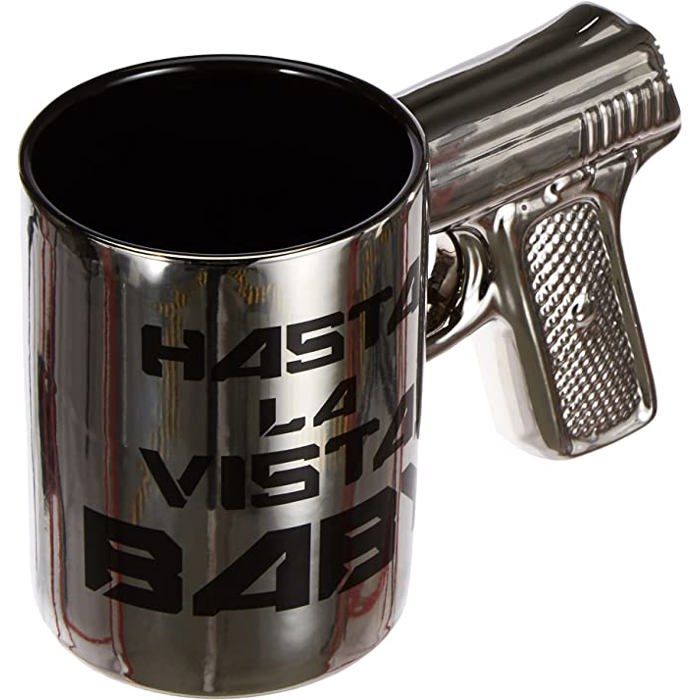 Tasse - terminator - slogan culte - poignée pistolet - céramique argentée - 50 cl