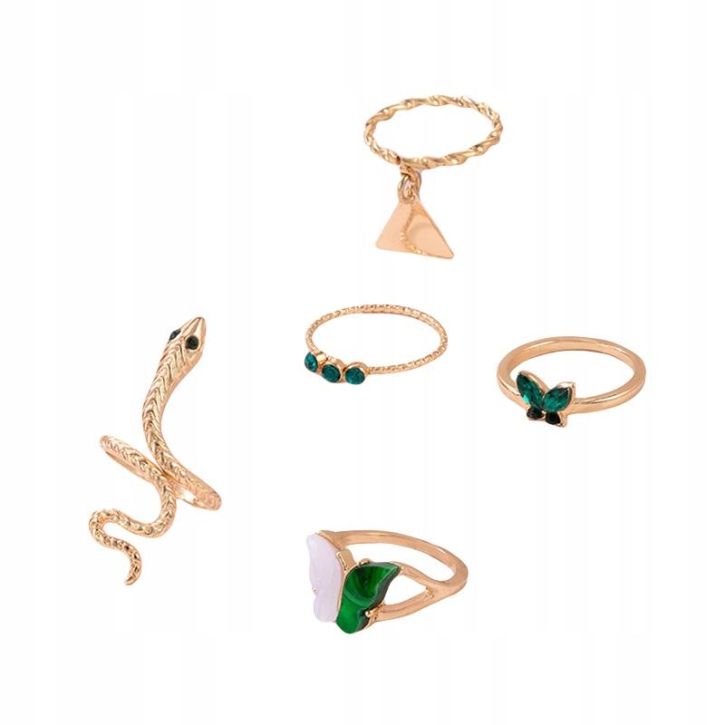 Set mit 5 goldenen Ringen im Retro-Punk-Vintage-Stil mit Schlangen- und Schmetterlingsmotiven (grün)