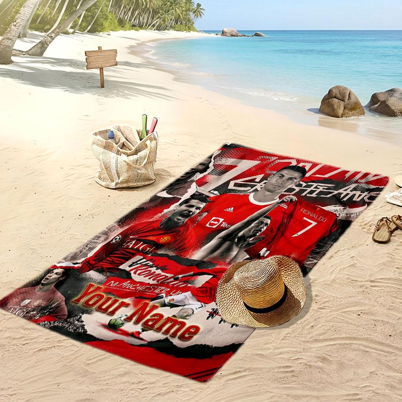 Asciugamano da Spiaggia Personalizzato Stampato Cristiano Ronaldo Logo Calcio Supporto Nome Personalizzato Testo Asciugamano Assorbente Per Sport Viaggio Regalo Speciale