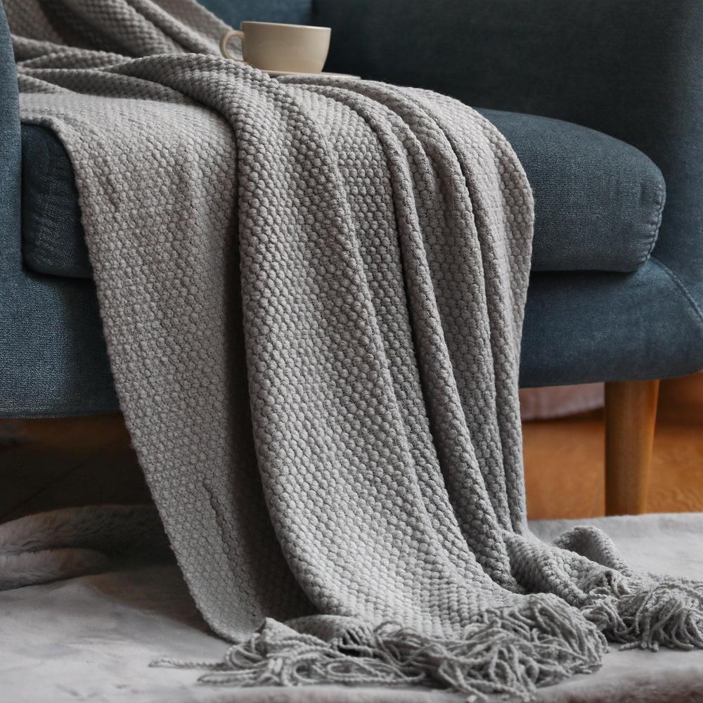 Nordic-style sofa throw blanket, office nap blanket, fringed knitted wool casual air conditioning thin blanket