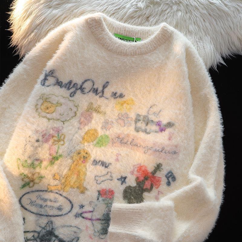 

Lazy Style Fluffy Cartoon Doodle Loose Knit Sweater Oversized Pullover Casual Wear XXL слонова кістка