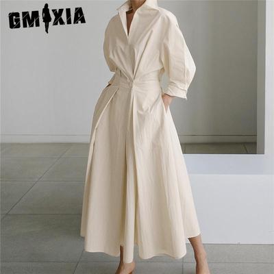 Women Casual Loose Long Dress Turn-down Collar Long Sleeve
