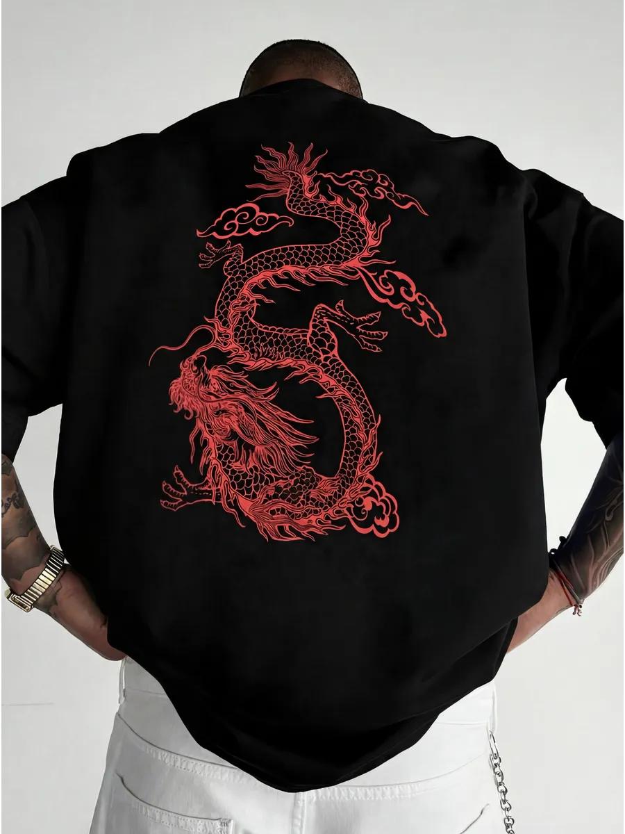Oversized thick T-shirt with red Dragon print Japan M