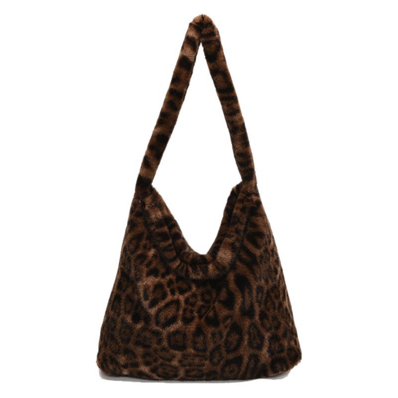Wind leopard print contrasting color plush bag large capacity shoulder bag shopping bag fluffy lazy wind tote bag