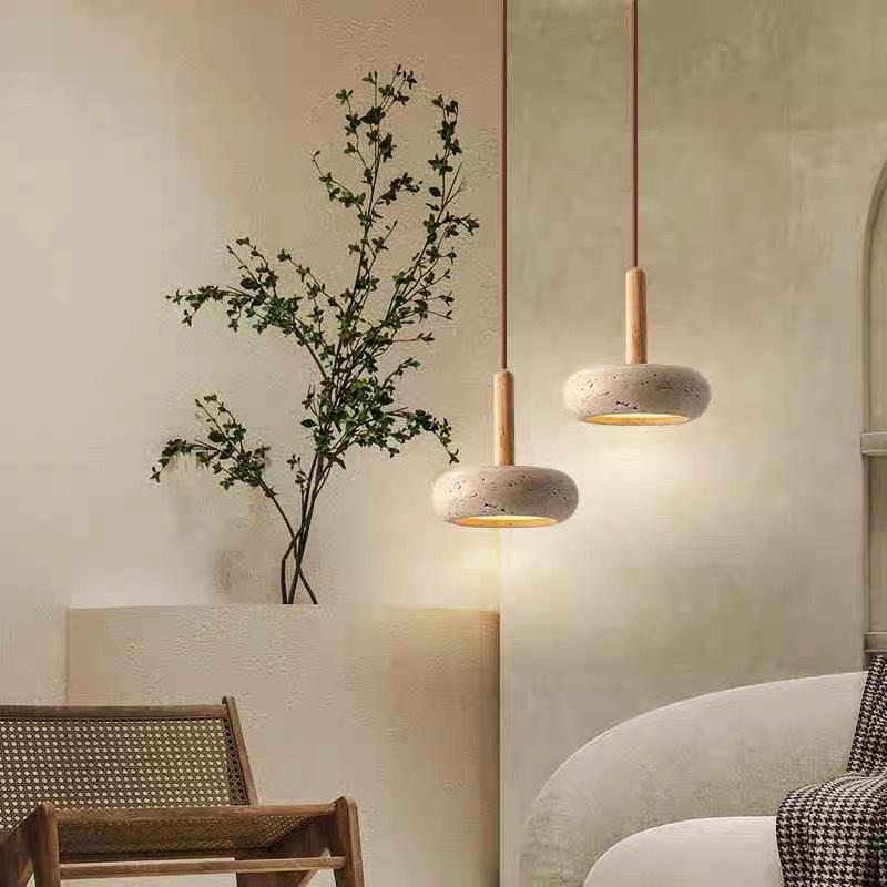 Japanese Wabi-Sabi Style Yellow Travertine Pendant Lamp for Entrance, Restaurant, Bedroom, or Bedside