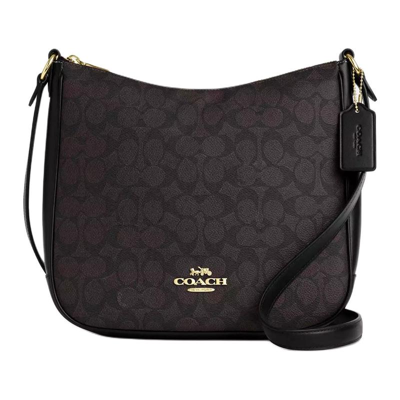 COACH Ellie 27 Logo Zip Closure Coated Canvas Crossbody Shoulder Bag Large Women s Black with Red чёрный