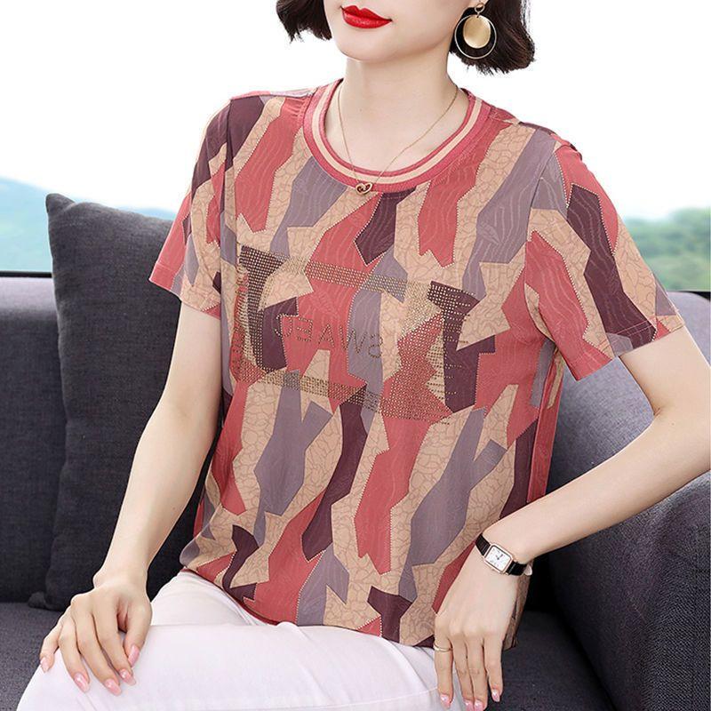T-Shirts Diamonds Round Neck Pullovers Loose Geometric Short Sleeve Summer Thin  Women's Clothing Office Lady Casual Fashion