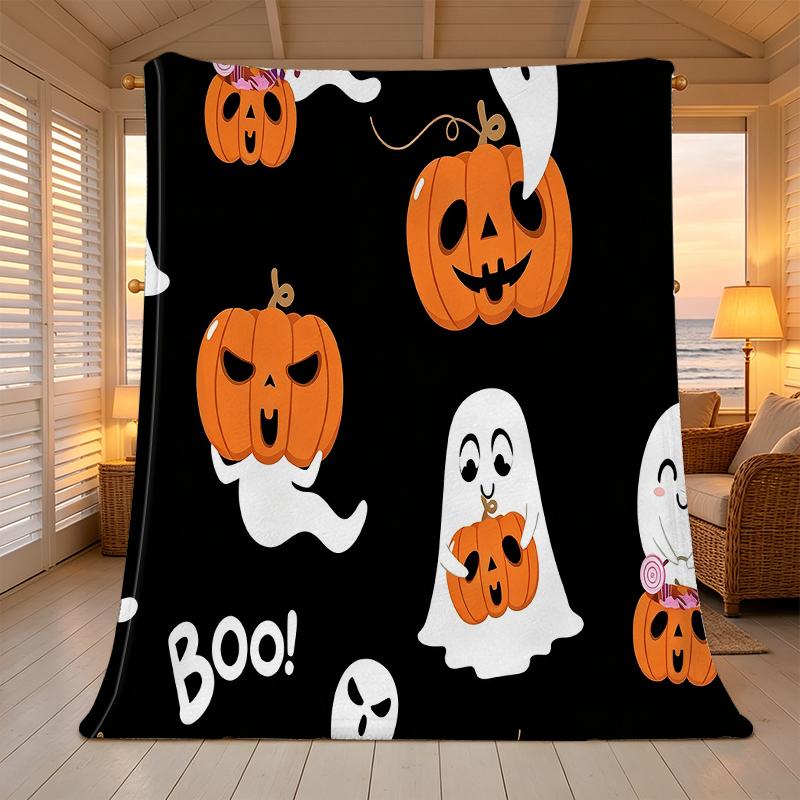 Soft No-Pill Flannel Fleece Blanket | Halloween Pumpkin Ghost Print Warm Cozy All Seasons Home Throw for Postpartum, Holiday Decoration