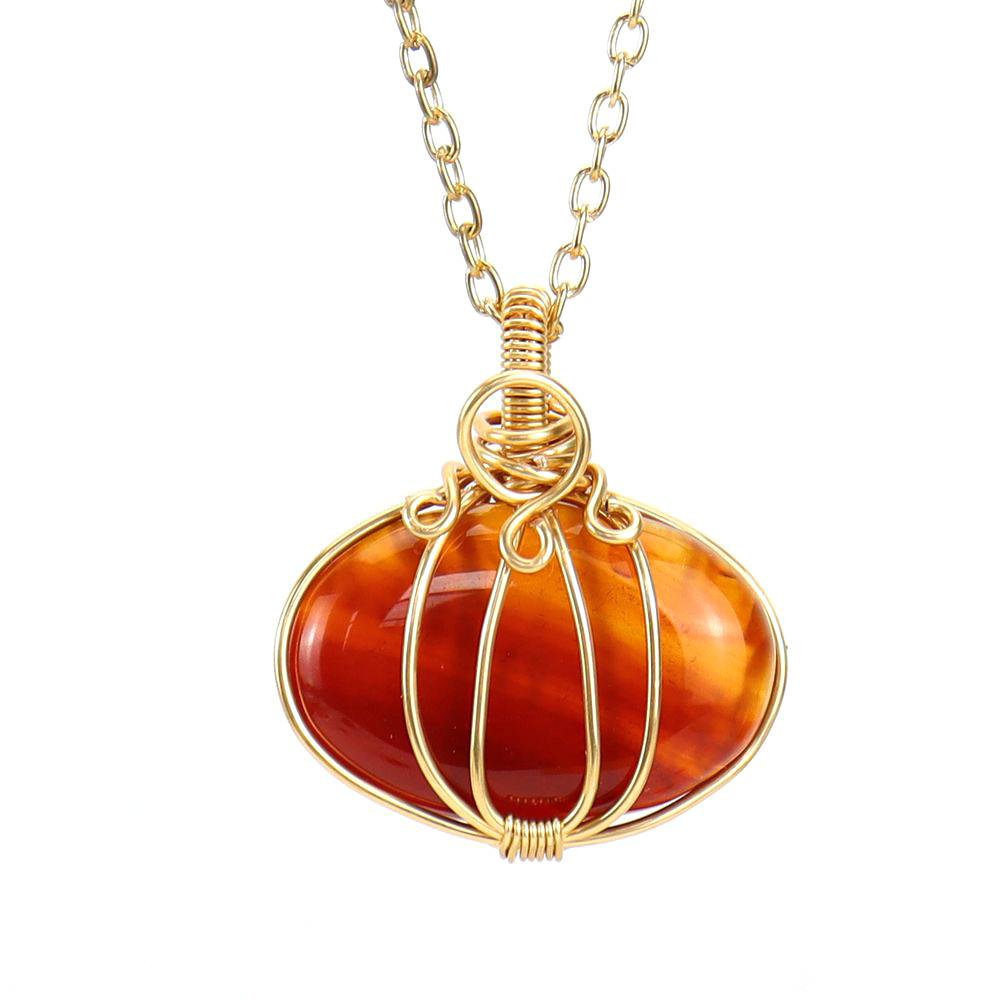 Hand-Wound Natural Stone Crystal Agate Halloween Pumpkin Lamp Pendant Necklace N593