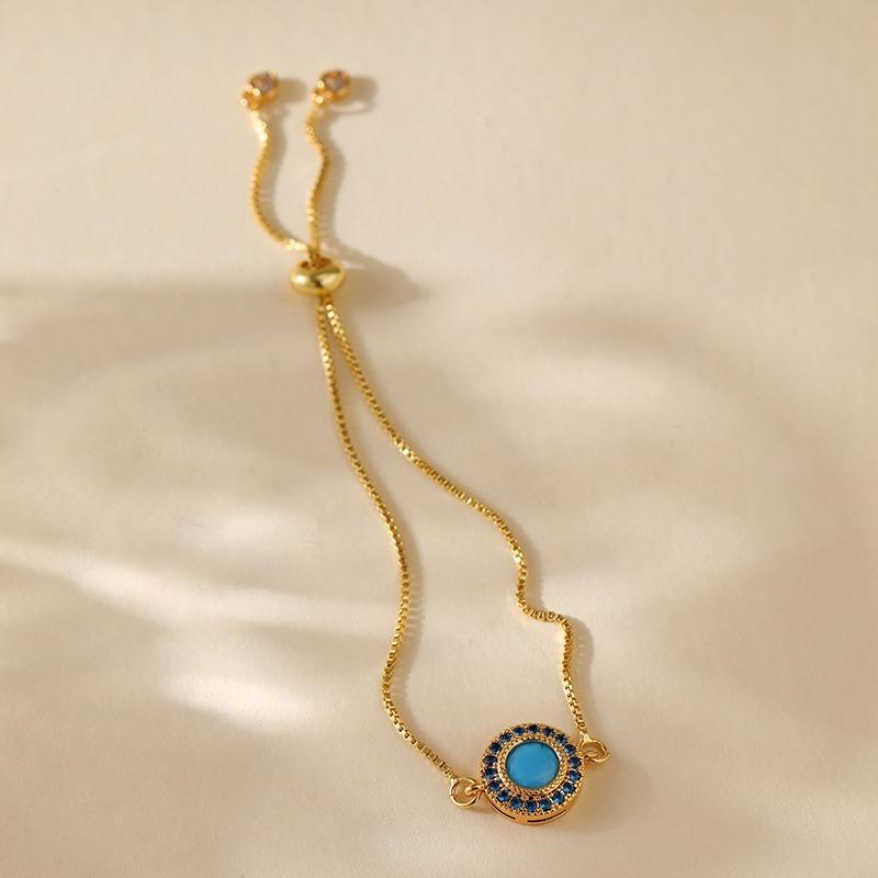 Gold Plated Evil Eye Pull-Tie Adjustable Box Chain Bracelet