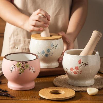 Set Mortaio e Pestello in Ceramica per Aglio con Pestello in Legno per Schiacciare e Macinare