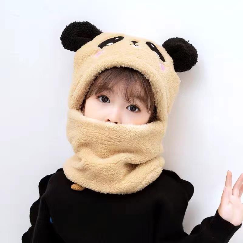 1 Set Autumn Winter Cute Plush Children Scarf Hat 2 In 1 Boys Girls Fleece Warmth Hooded Scarf Set
