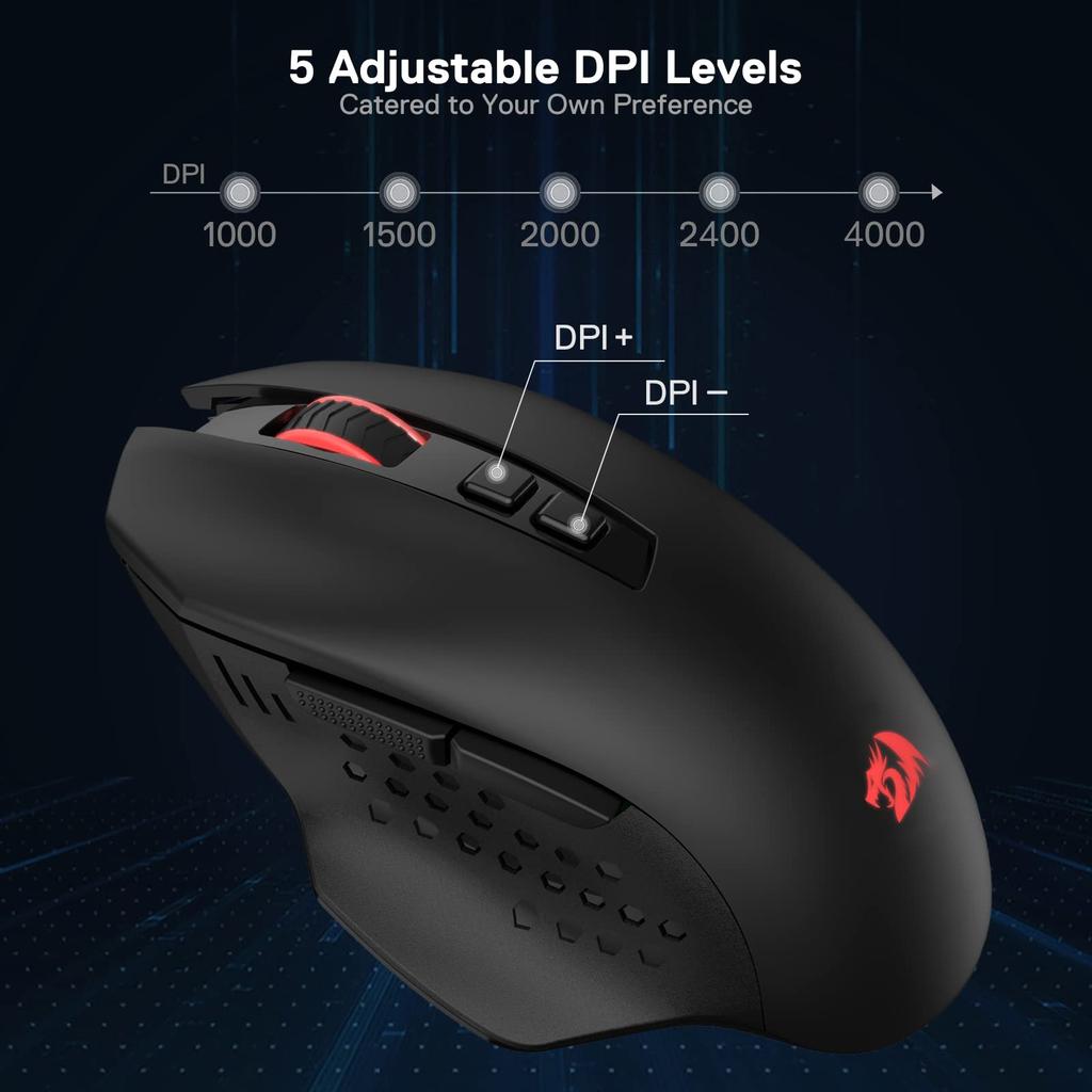 Redragon M656 Gainer Wireless Gaming 4000 DPI 7 programmable Red LED dedicated software Black Mouse, 2.4GHz, DPI, 5-level adjustment, buttons,