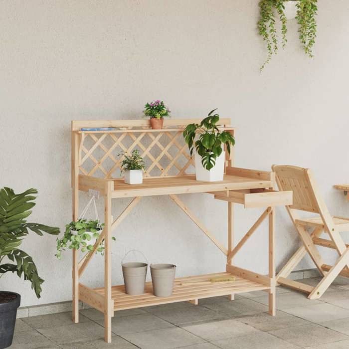 VidaXL Potting Bench with Trellis, Plant Stand with Hooks and Drawer, Garden Patio Potting Table, Wood 368428