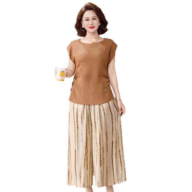 2026 Summer Casual Loose Two-Piece Set: Short Sleeve Top & Pants for Middle-Aged and Elderly Women