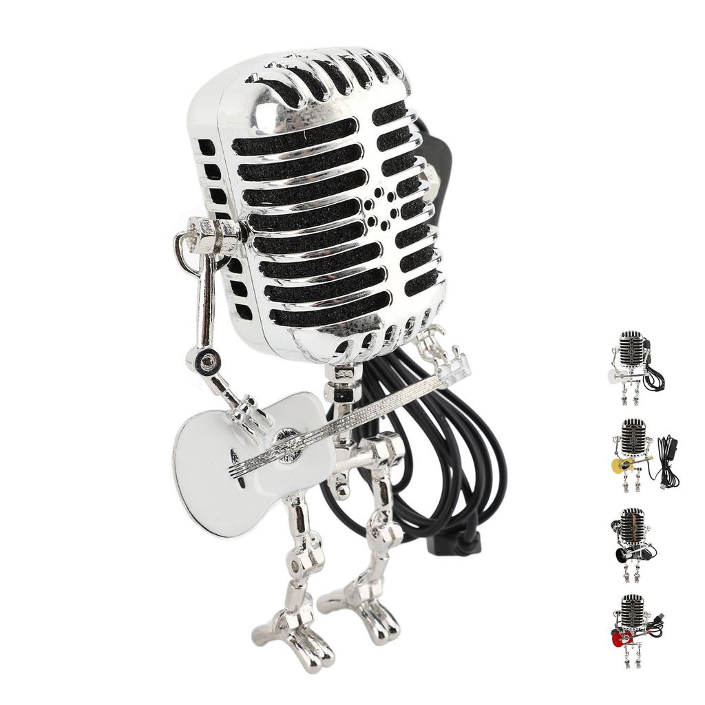 Vintage Microphone Guitar Robot Table Lamp Aluminum Retro Metal Robot Night Light for Bedroom Desk H
