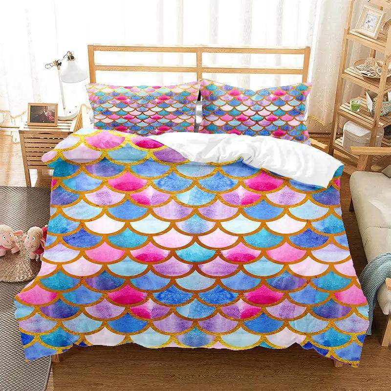 Comforter Mermaid Fish Scales Magical Colorful Seamless Pattern With Fish Scale Net Print Bedding Set Microfiber