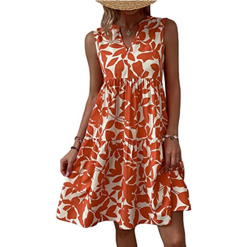 Dámské mini šaty s boho potiskem Letní elegantní bez rukávů s výstřihem do V volánové A-linie tílkové šaty Ležérní volné nadměrné plážové párty letní šaty