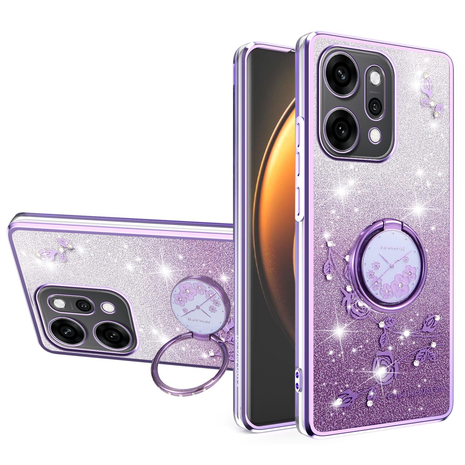 

KADEM For Oppo Reno14 Pro 5G (Global) Case Ring Kickstand TPU Flowers Phone Cover Gradient Glitter Purple