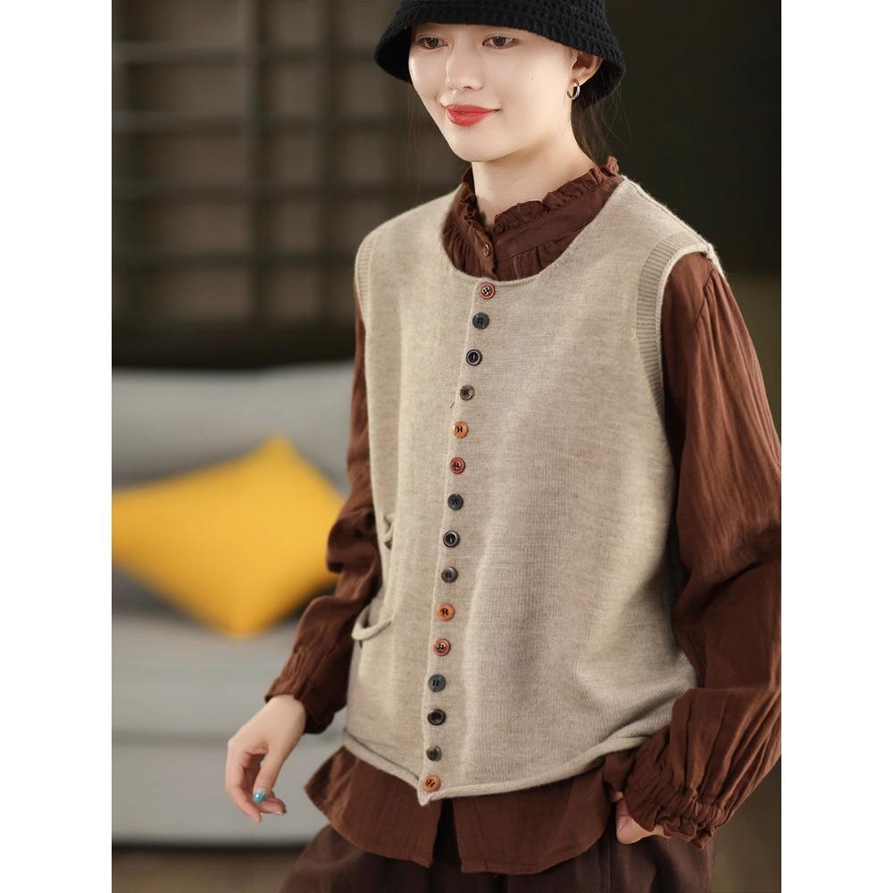 Dimanaf 2025 Autumn Women Sleeveless Buttons Vest Sweaters Style Loose Knitting Casual Sweater
