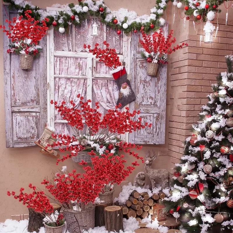 1-10 bucăți de Crăciun ramuri de fructe de pădure roșii de Crăciun, flori artificiale, coroană de bricolaj, cadou, ornament pentru brad de Crăciun, decorare pentru masă de Anul Nou