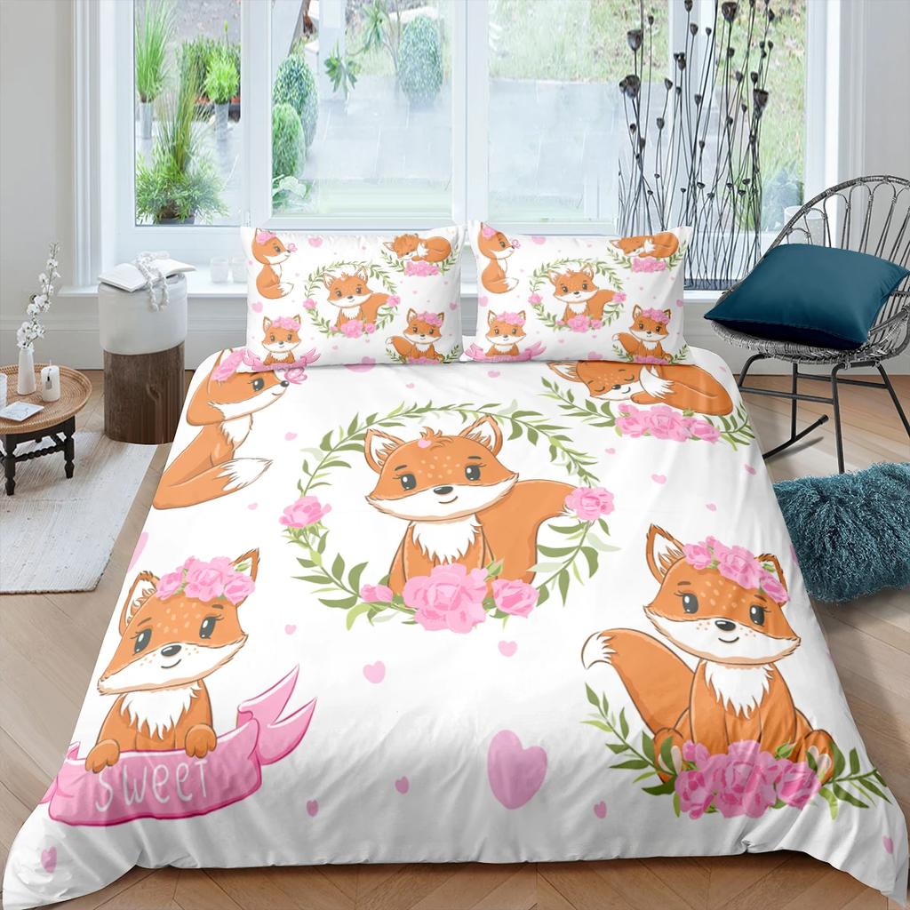 Cartoon Fox King Queen Duvet Cover Lovely Orange Animal Floral Bedding Set Kids Girls Flowers Plant 2/3pcs Polyester Quilt Cover