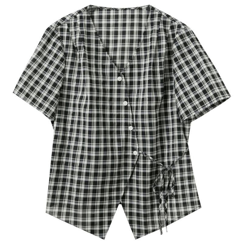 SanCai Plus Size Acetate Blend Plaid V-Neck Tie-Waist Shirt M