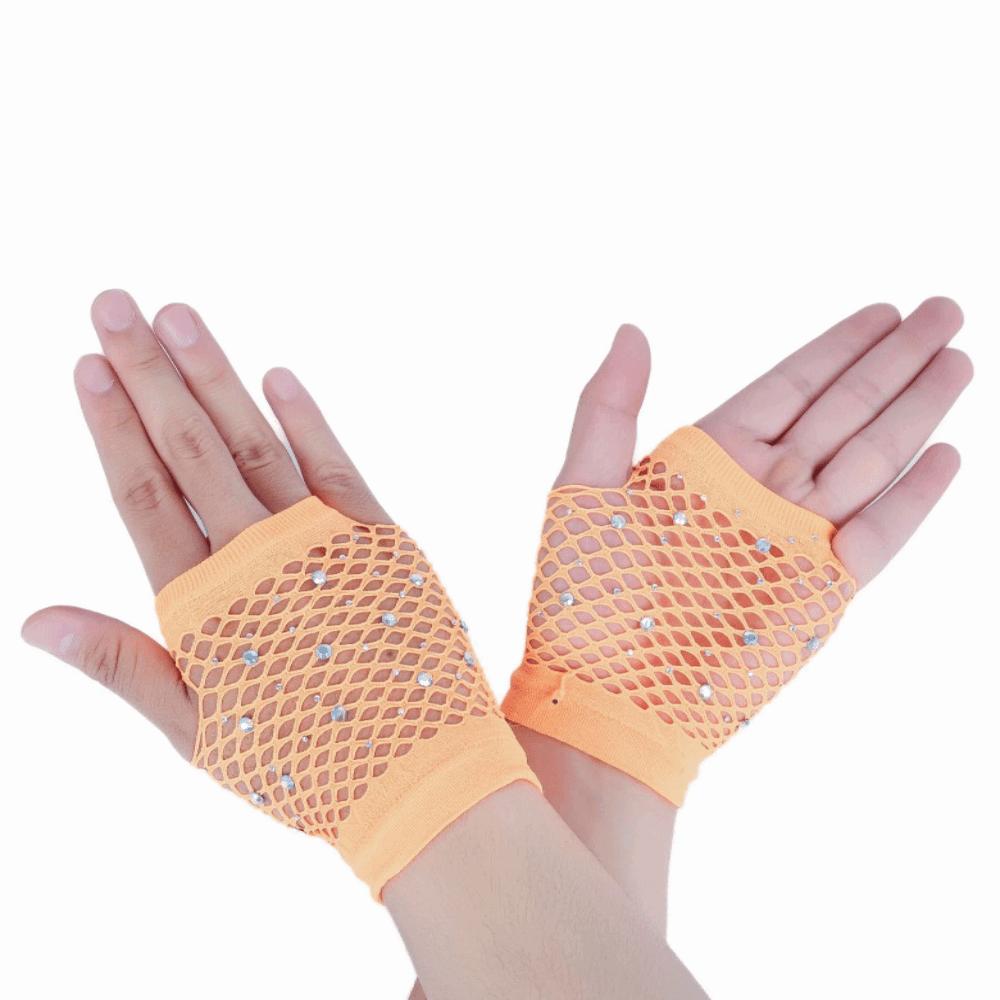 

Elastic Rhinestone Gloves Shiny Long Gloves Party Fishnet Fingerless Gloves Dance Wear Short Orange