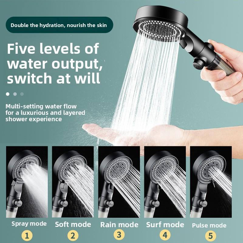 Black Five-speed Water-stop Multi-functional Bathroom Showerhead Set, Black Household, Large Water Output, Hot Water Pressurization