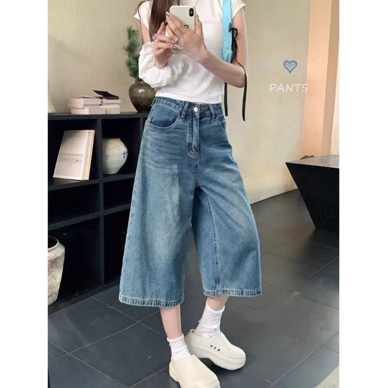 

Широкі джинсові шорти з високою талією для жінок Літо Мішкуваті Джинси середньої довжини Штани Однотонний повсякденний одяг Вуличний одяг S синій